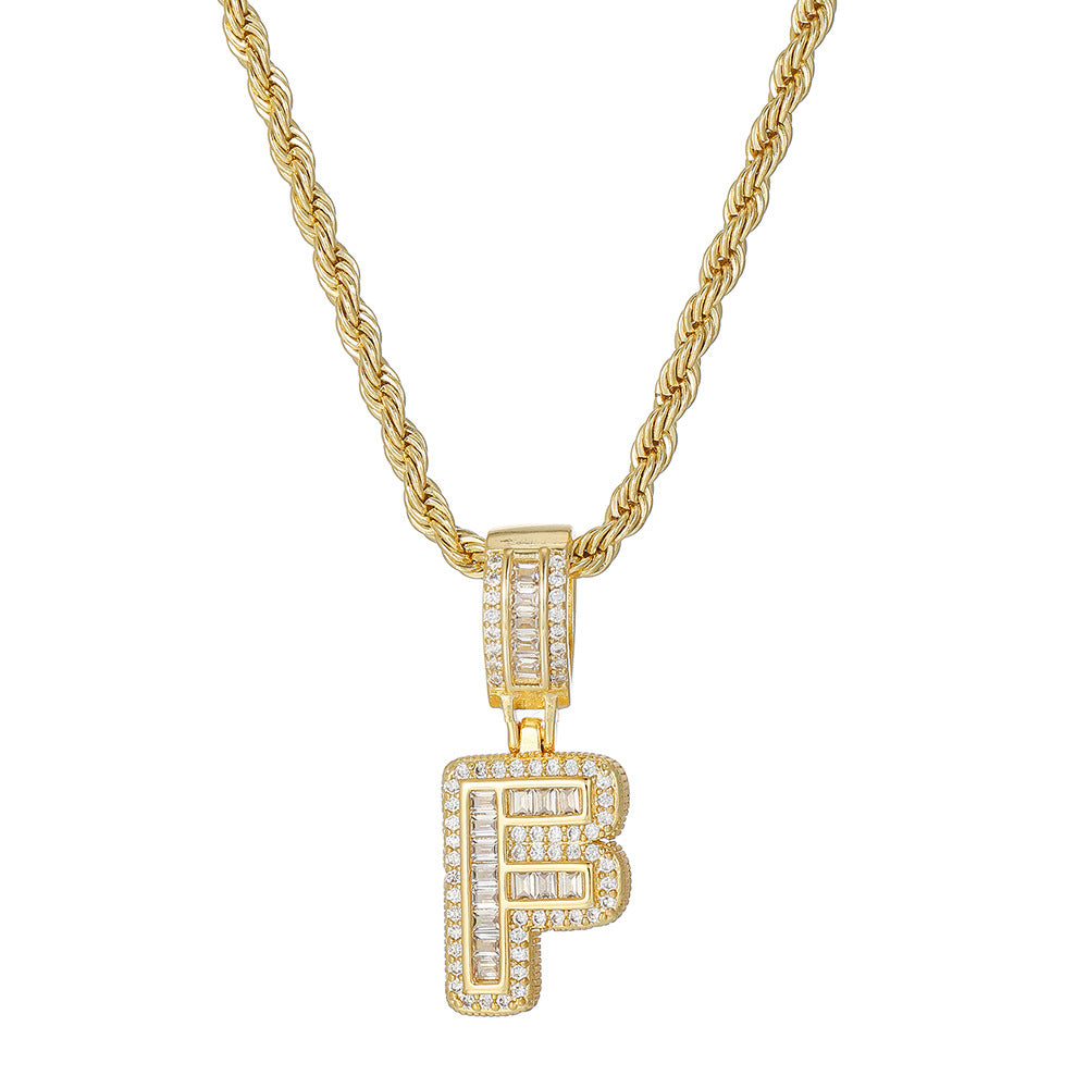 Personalized 18K Gold Plated Brass Cubic Zirconia Letter Pendant Necklace with Stainless Steel Rope Chain