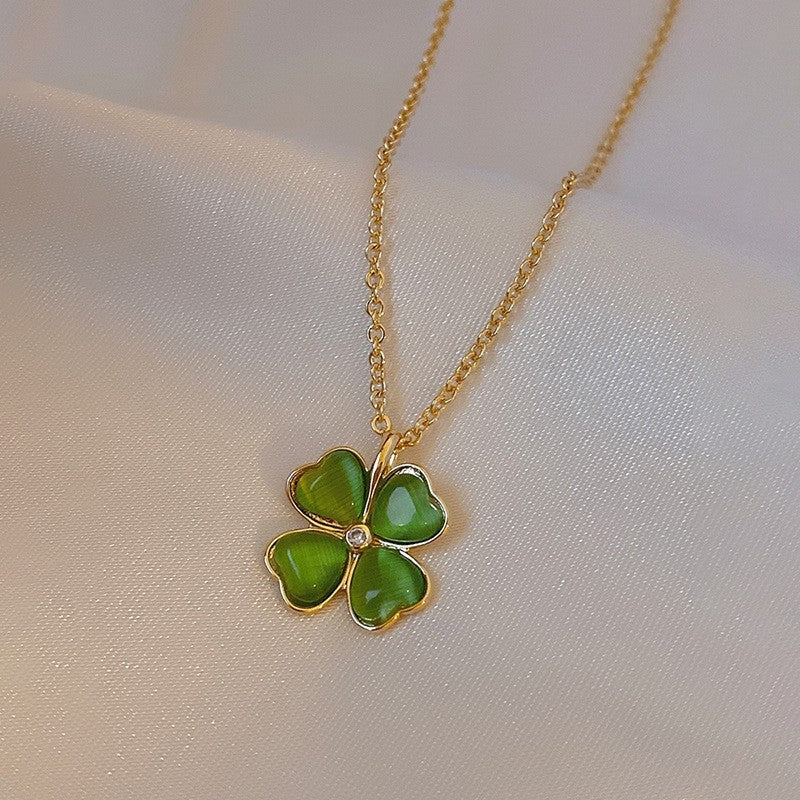 Original Design 18K Gold Plated Titanium Steel Four Leaf Clover Necklace with Emerald Inlay O-Chain Unisex