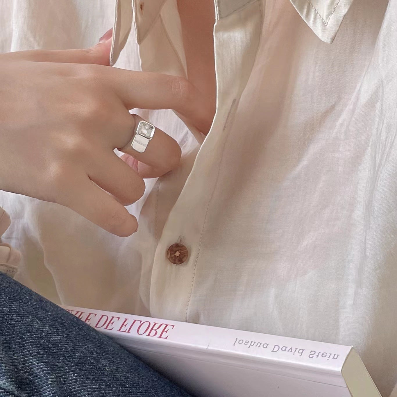 Minimalist Nordic Style Square Shape 925 Sterling Silver Ring with White Rhinestone Inlay for Women