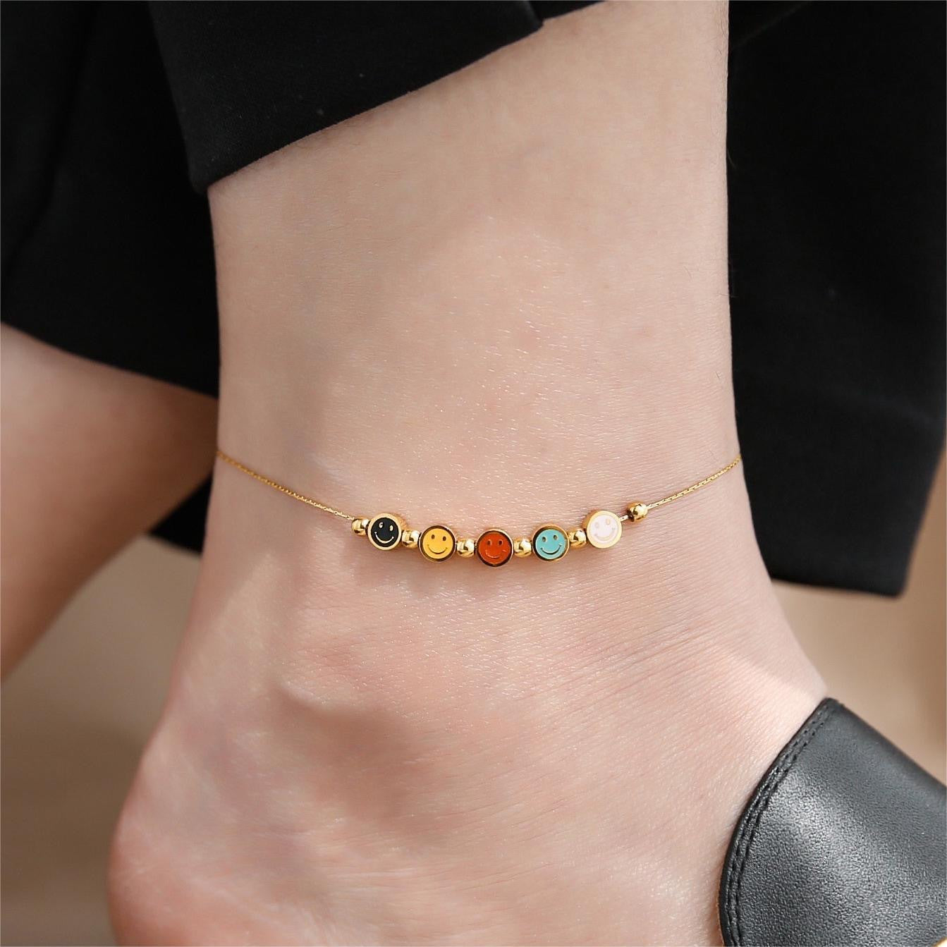 Colorful Smiley Face Titanium Steel Anklet for Women with 18K Gold Beads, Snake Chain Design, Hypoallergenic Plated Finish