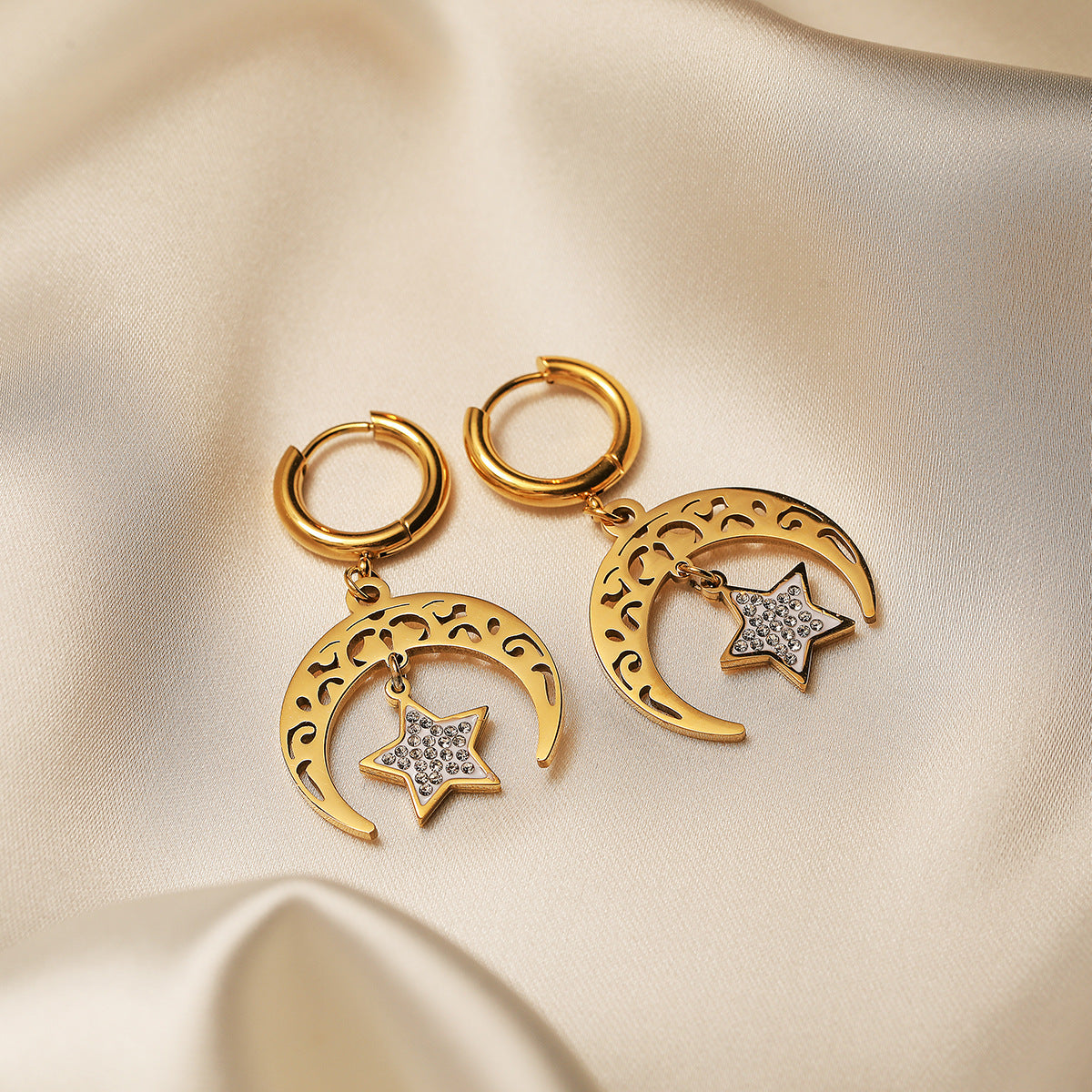 Minimalist Geometric Titanium Steel Earrings with Gold Plating and Zircon Sun Moon Motifs for Women
