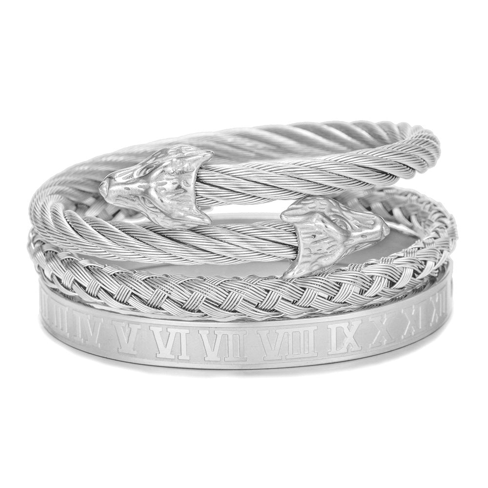 Fashion Round Letter Wolf Head Plated Titanium Steel Stainless Steel Woven Open Cuff Bracelet Set for Unisex