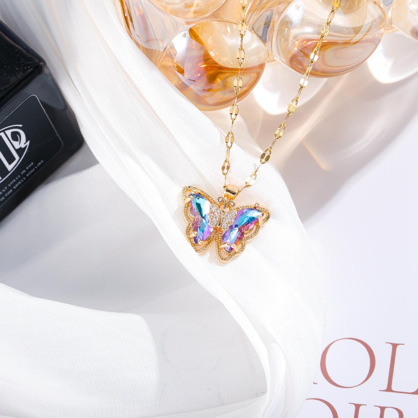 Minimalist Elegant Gold Plated Titanium Steel Butterfly Necklace with Crystal Inlay for Women
