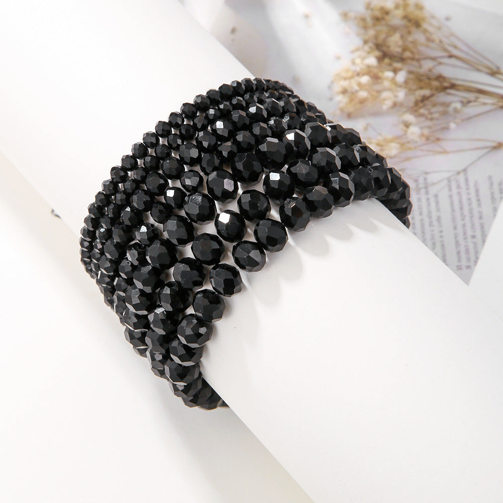 Minimalist Geometric Black Crystal Beaded Bracelet Set with Faceted Octagonal Stones Elastic Bohemian Wristwear