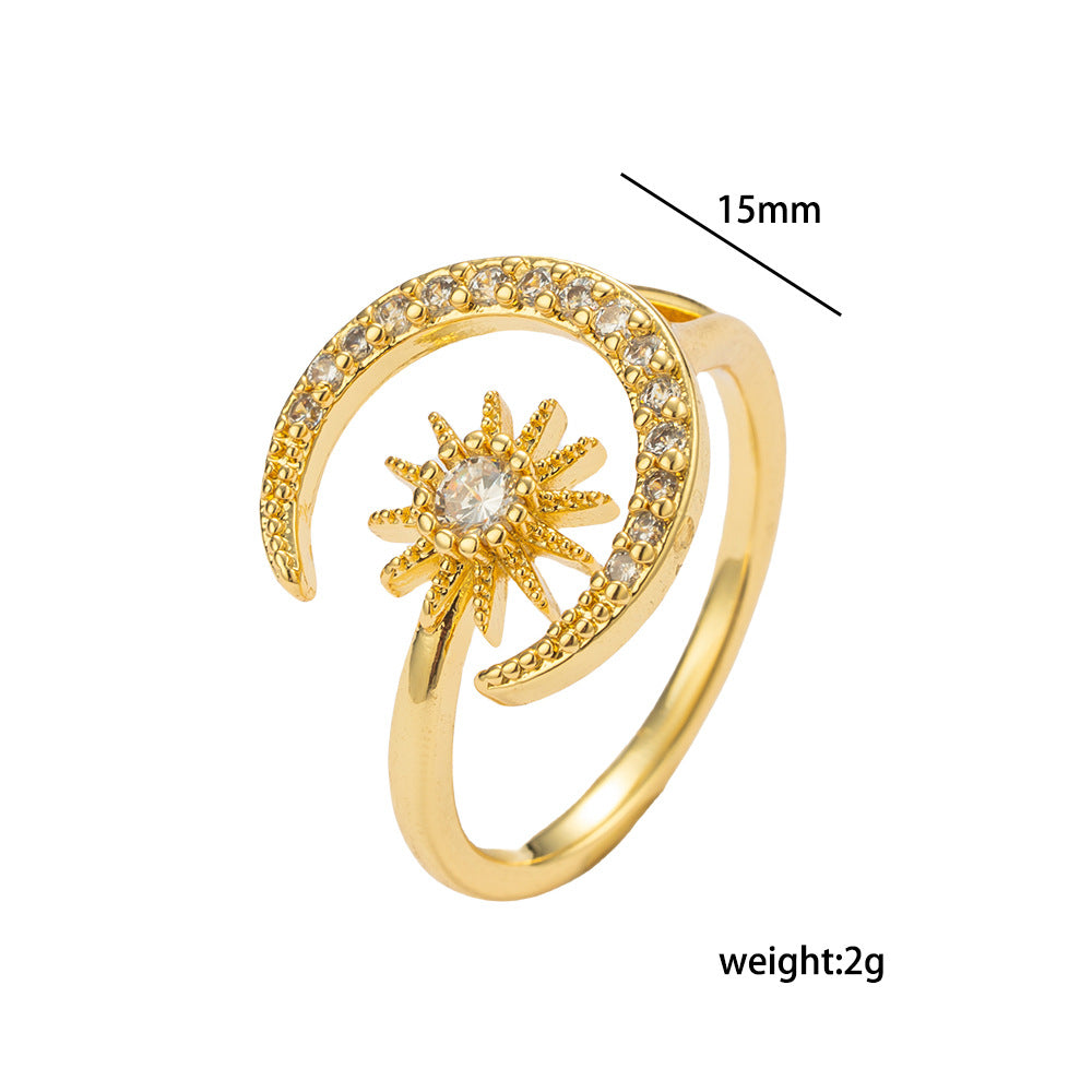 Anello regolabile minimalista geometrico Luna e Sole da donna con zirconi in rame placcato oro