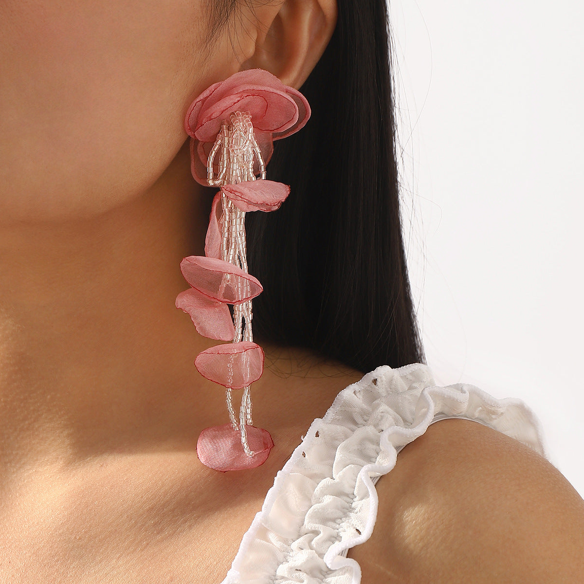 Sweet Feminine Floral Tassel Earrings with Seed Beads and Gauze Material for Women