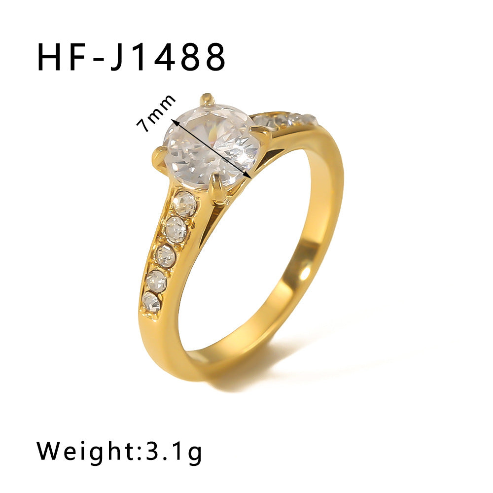 Vintage Geometric Four-Prong Rhinestone Ring 18K Gold Plated Stainless Steel Women's Jewelry