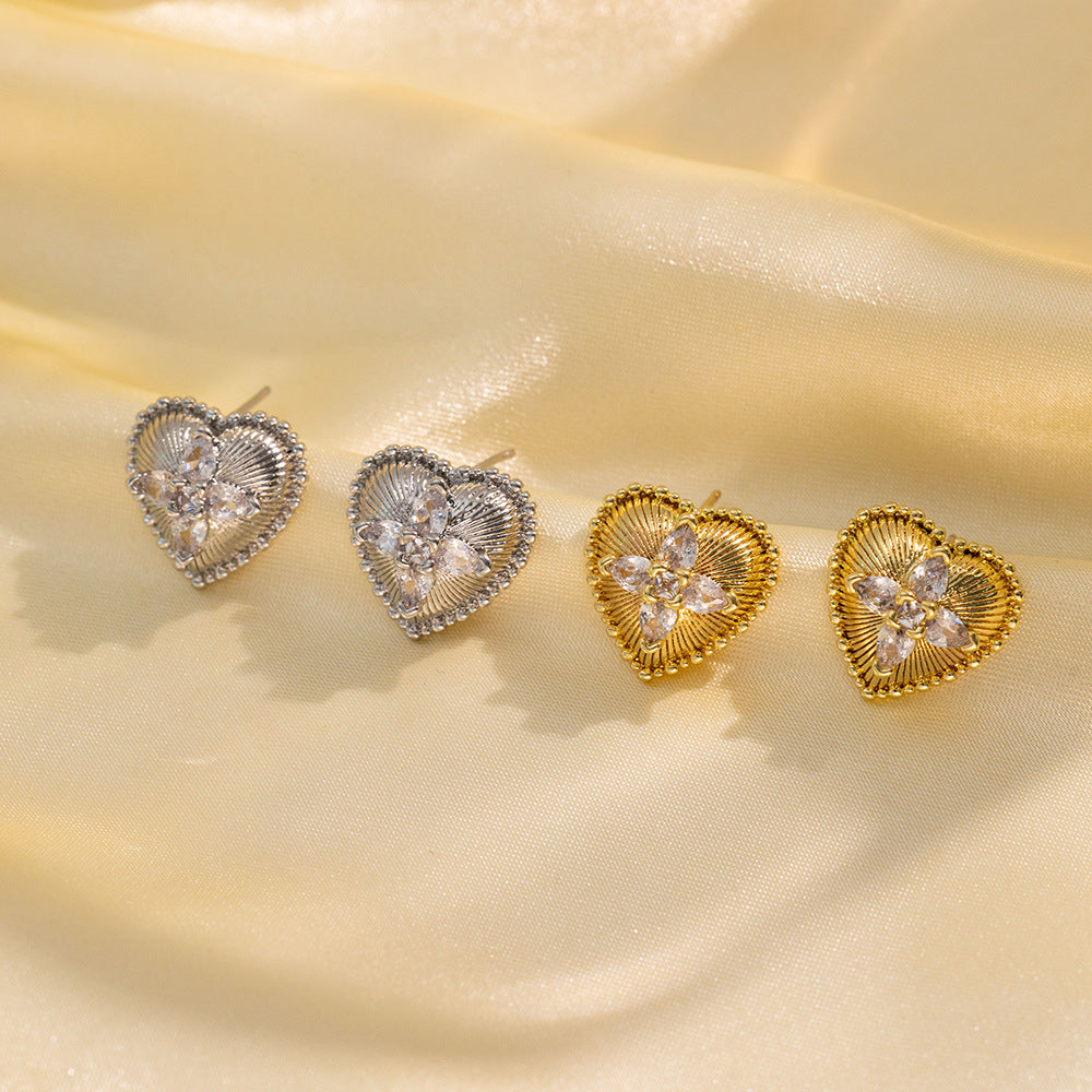 Minimalist Modern Heart-Shaped Zirconia Earrings in Copper with Gold Plating for Women