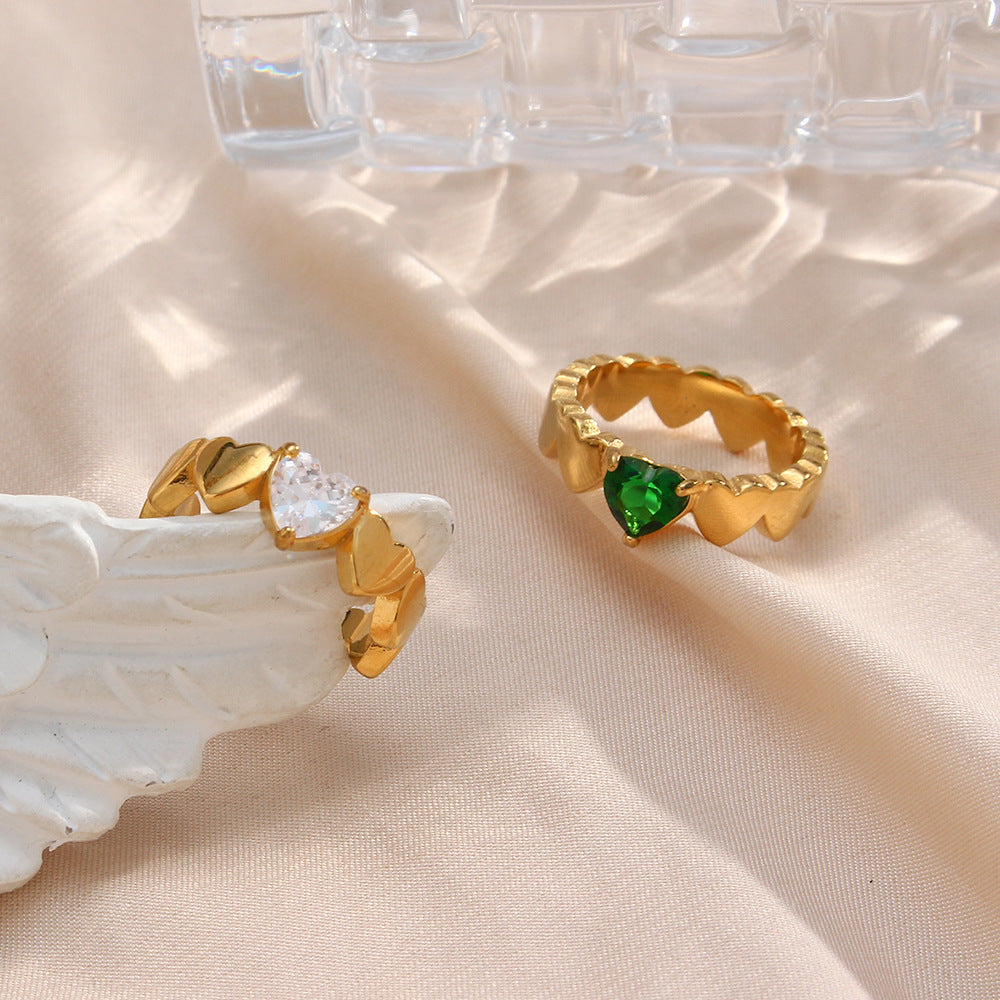 Minimalist Geometric Heart-Shaped Zirconia Ring in Stainless Steel with 18K Gold Plating for Women
