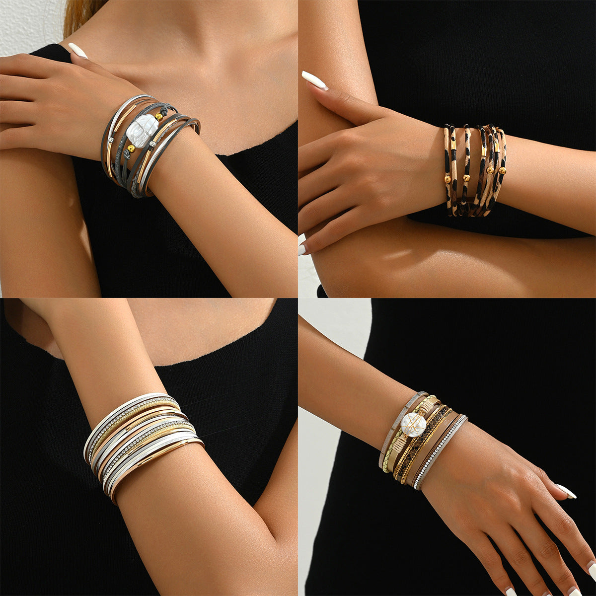 Elegante bracciale da donna in pelle geometrico, adatto all'ufficio, con intarsi di strass e dettagli in madreperla
