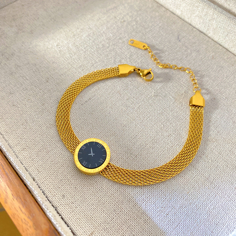 Minimalist Round Geometric Number Dial Mesh Chain Bracelet Titanium Steel Plated Unisex