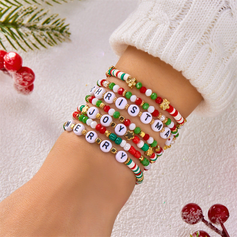 Handmade Christmas Style Beaded Bracelet Set with Alphabet Charms and Polymer Clay Beads in Alloy for Unisex Wear
