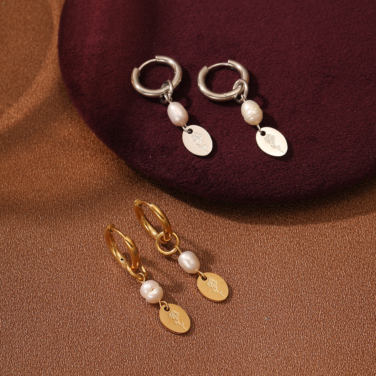 Vintage Elegant 18K Gold Plated Titanium Steel Pearl Flower Geometric Dangle Earrings for Women