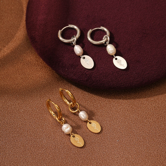 Vintage Elegant 18K Gold Plated Titanium Steel Pearl Flower Geometric Dangle Earrings for Women