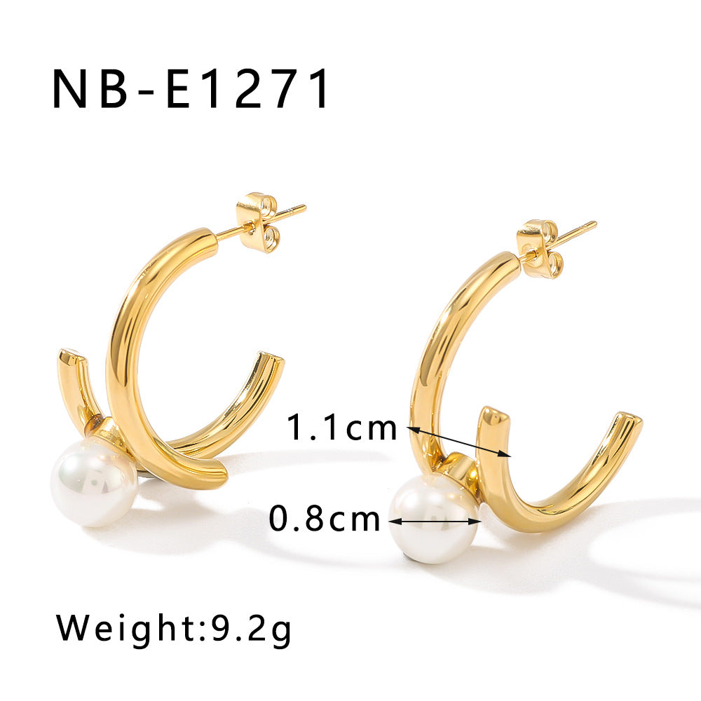 Vintage French Style Geometric C-Shaped Stainless Steel Earrings with Pearl Inlay Plated in 18K Gold for Women