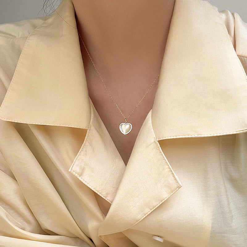Minimalist Heart-Shaped Titanium Steel Necklace with Rhinestone Inlay for Women, Delicate Clavicle Chain