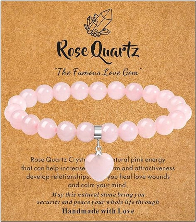 Minimalist Natural Stone Beaded Bracelet with Heart Pendant Unisex Elastic Stretch Bangle