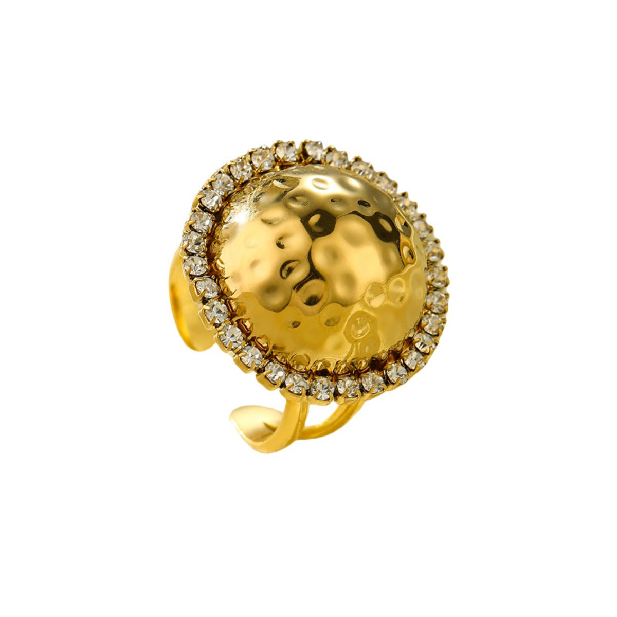 Anillo redondo de acero titanio de lujo con incrustaciones de diamantes de imitación y acabado chapado para mujer
