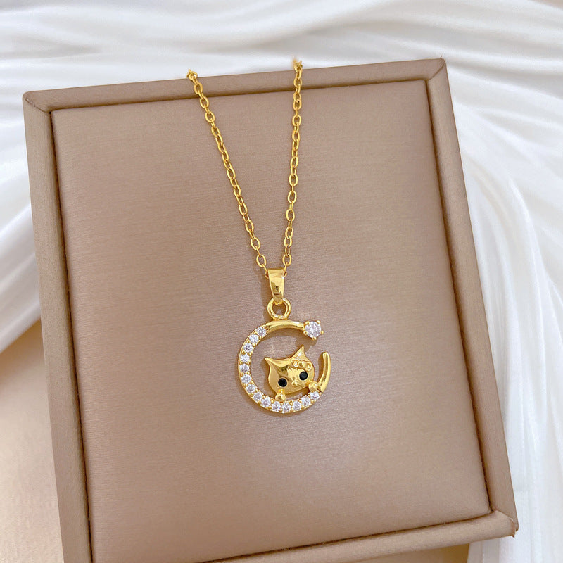 Sweet Cartoon Moon Cat Cubic Zirconia Titanium Steel Necklace for Unisex