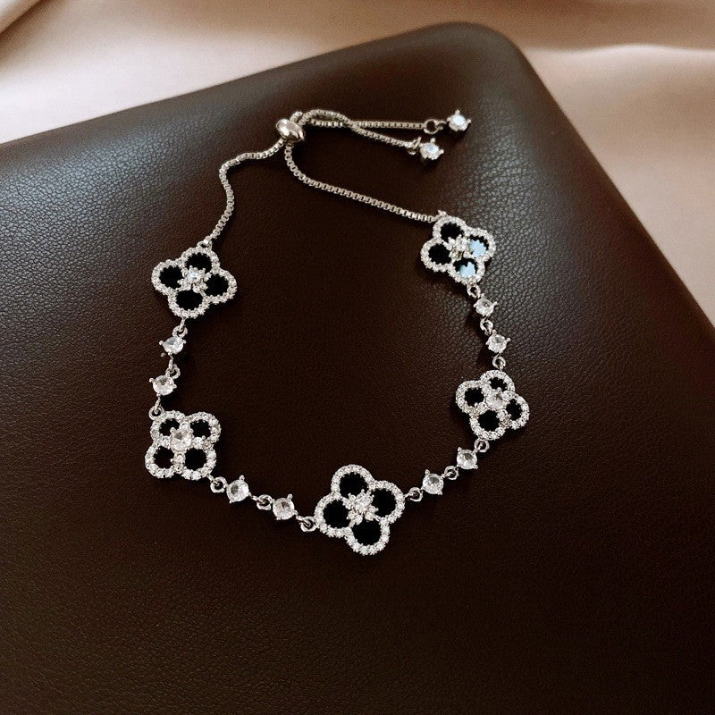 Elegant Geometric Floral Bracelet for Women in Plated Copper with Rhinestone Accents, Minimalist Office Style Hand Jewelry