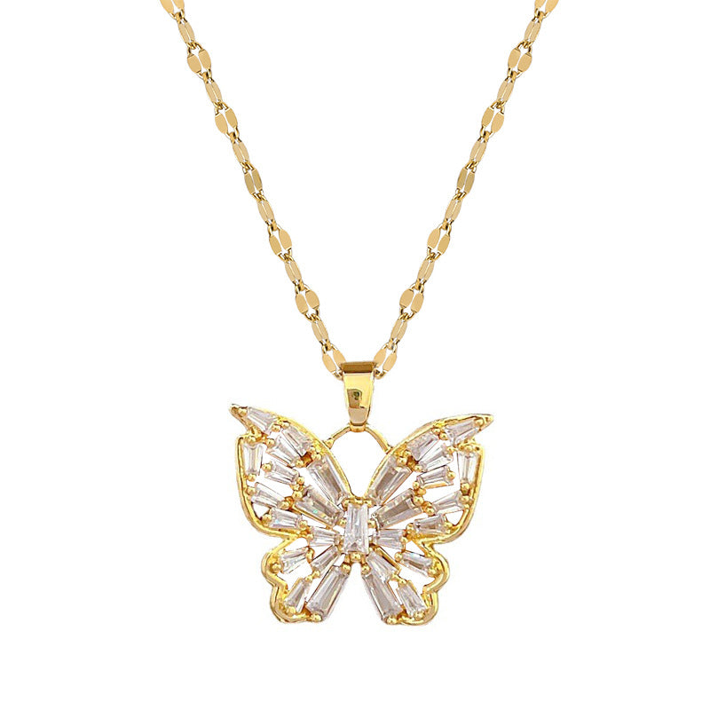 Luxury Butterfly Pendant Necklace for Women in Titanium Steel with Rhinestone Inlay, Geometric Design, Delicate Clavicle Chain for Wedding and Formal Events