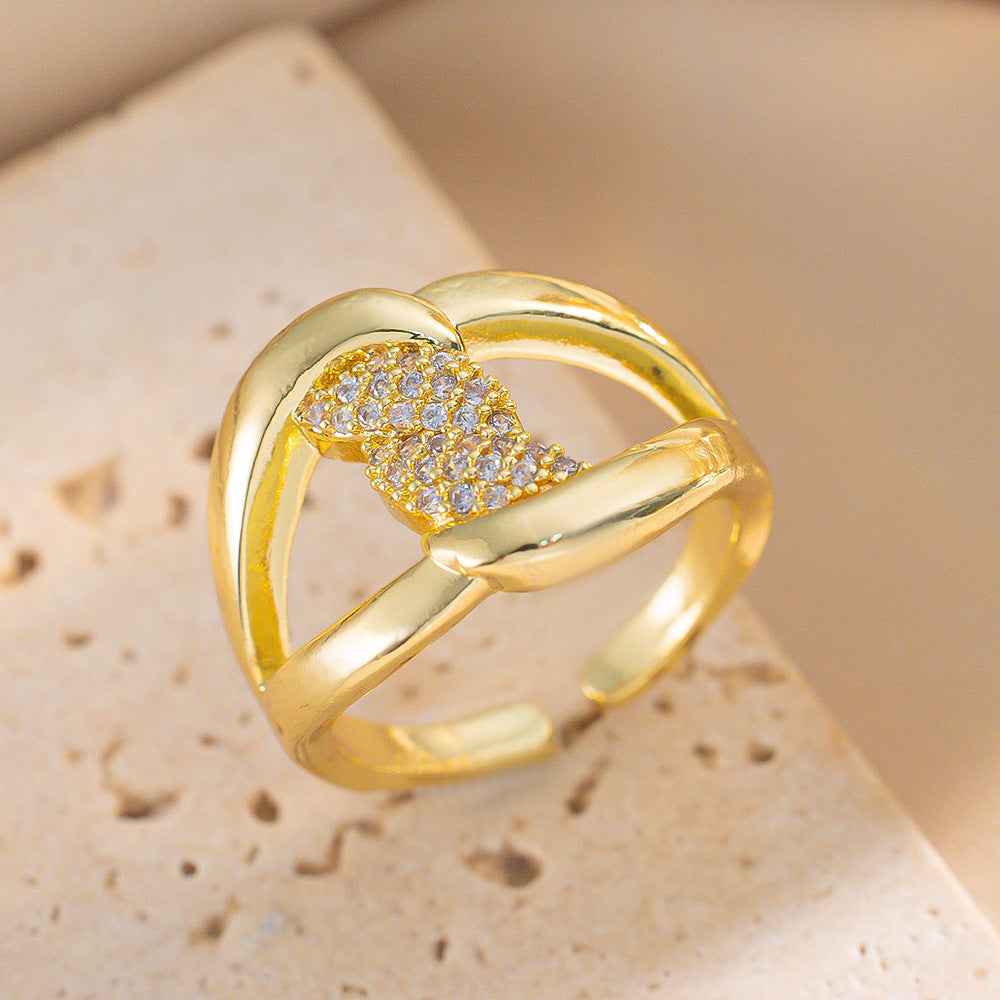Anello in Rame Geometrico Minimalista con Intarsio di Strass per Donna, Accessorio di Lusso Elettroplaccato alla Moda