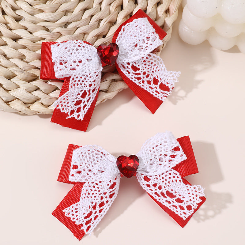 Sweet Cute Bow Hair Clip for Girls with Lace Ribbon and Ruffled Design, Plastic Resin Duckbill Hairpin in Princess Style