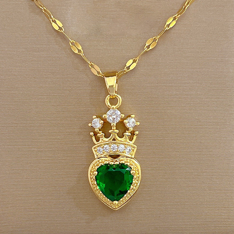 Collana con ciondolo a corona geometrica in acciaio al titanio di lusso per donna con intarsio di strass e delicata catena clavicola