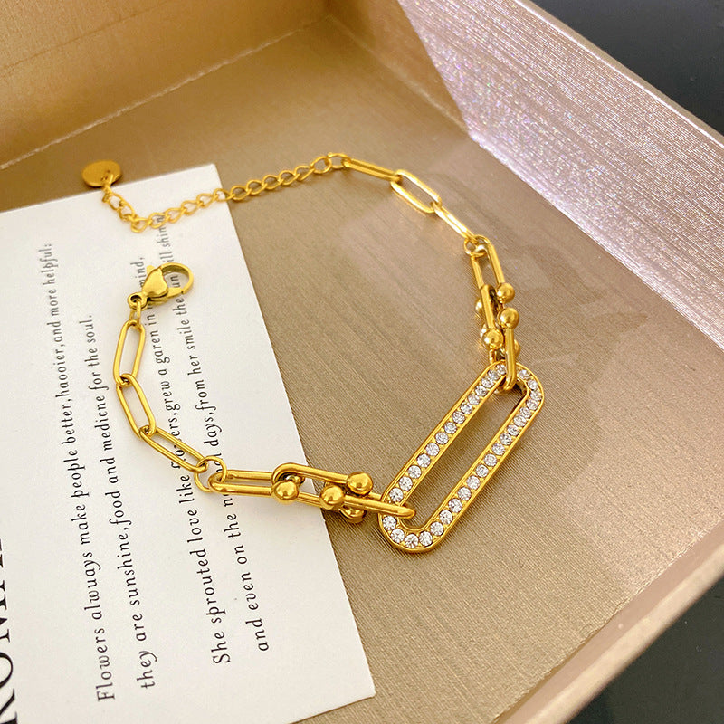 Minimalist Geometric Micro-Inlaid Cubic Zirconia Titanium Steel Paperclip Horseshoe Clasp Chain Bracelet