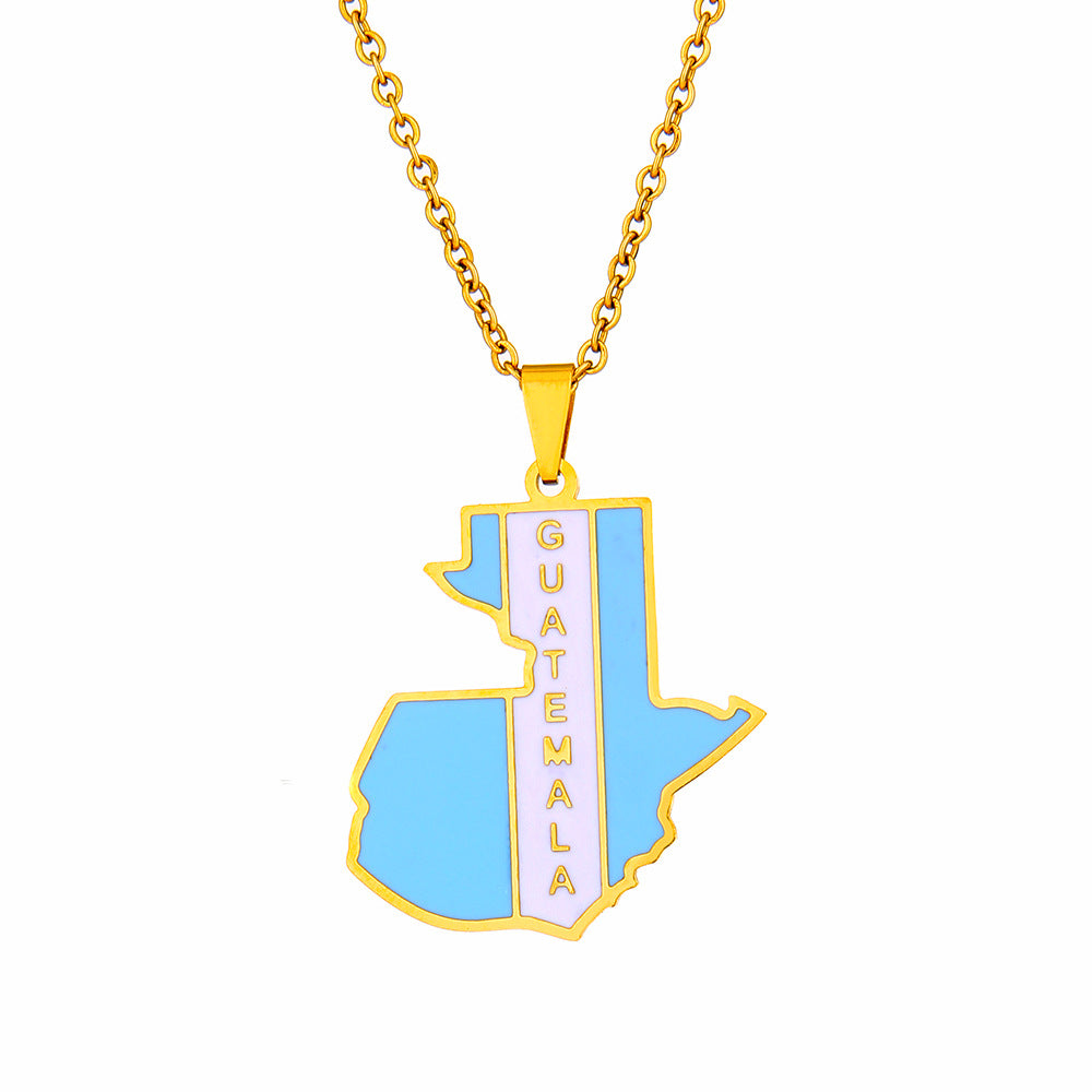 Collana con Pendente Vintage a Mappa del Guatemala in Smalto, Acciaio Inossidabile e Titanio con Catena a O Unisex