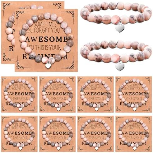 Sweet Natural Pink Zebra Print Crystal Heart Pendant Beaded Bracelet Set Unisex