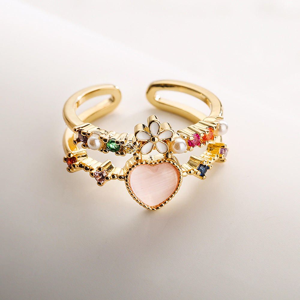 Anello da Donna a Cuore Minimalista alla Moda in Rame Placcato Oro con Zirconi Micro-Pave