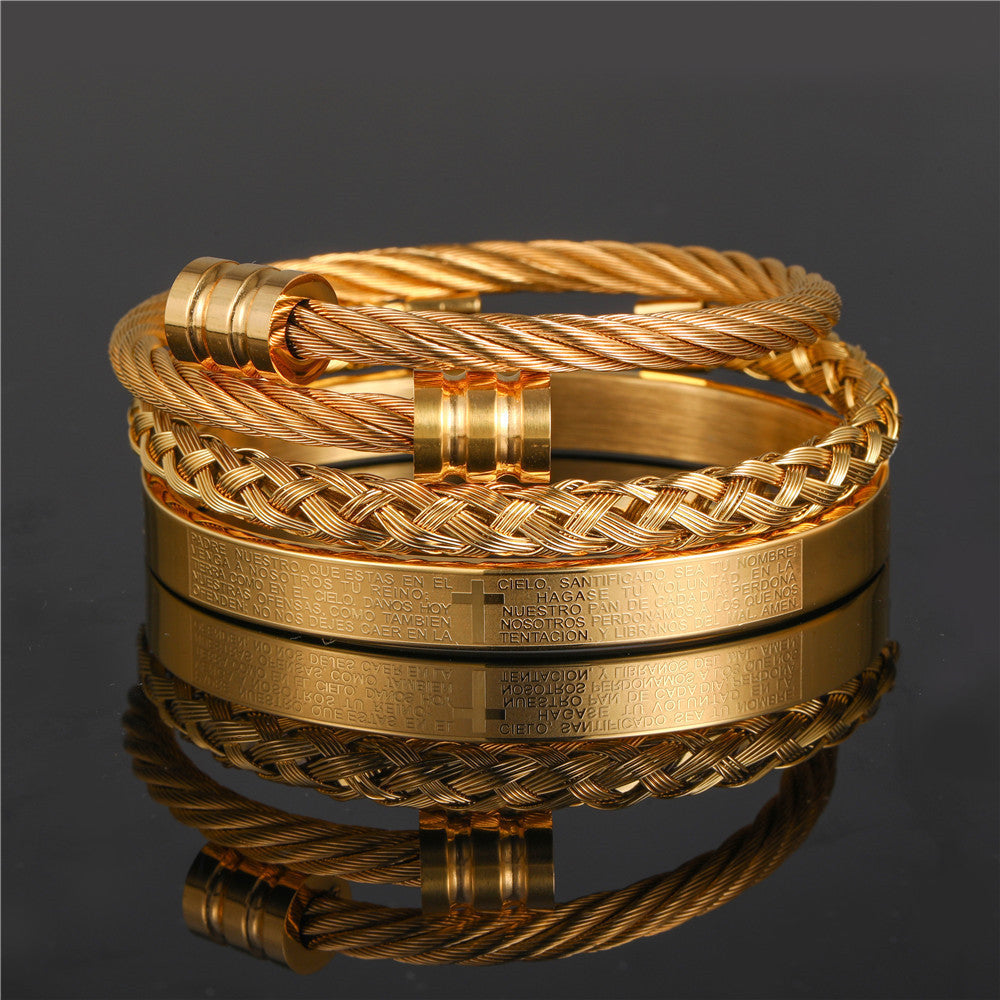 Punk Geometric Round Letter Titanium Steel Plated Open Cuff Bracelet Set for Unisex