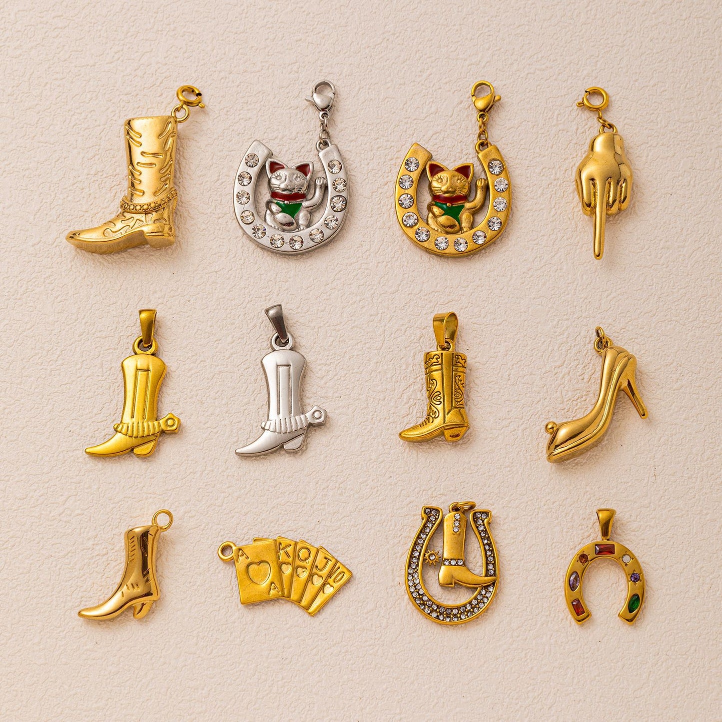 Vintage 18K Gold Plated Stainless Steel Boot Horseshoe Charm Bar PVD