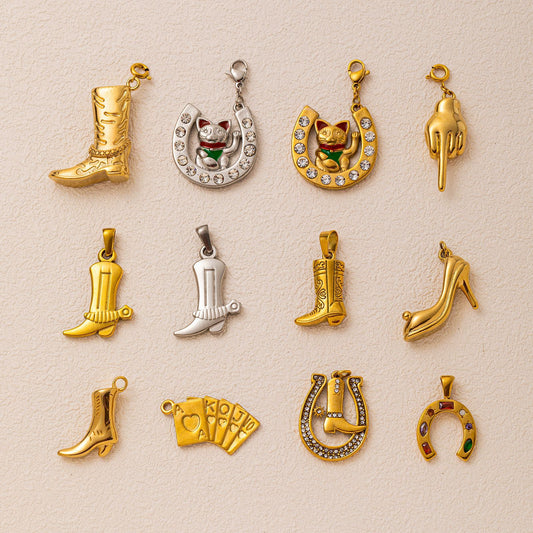 Vintage 18K Gold Plated Stainless Steel Boot Horseshoe Charm Bar PVD