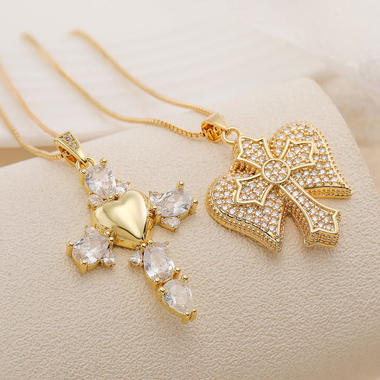 Minimalist Elegant 18K Gold Plated Brass Geometric Cross Pendant Necklace with Cubic Zirconia for Women