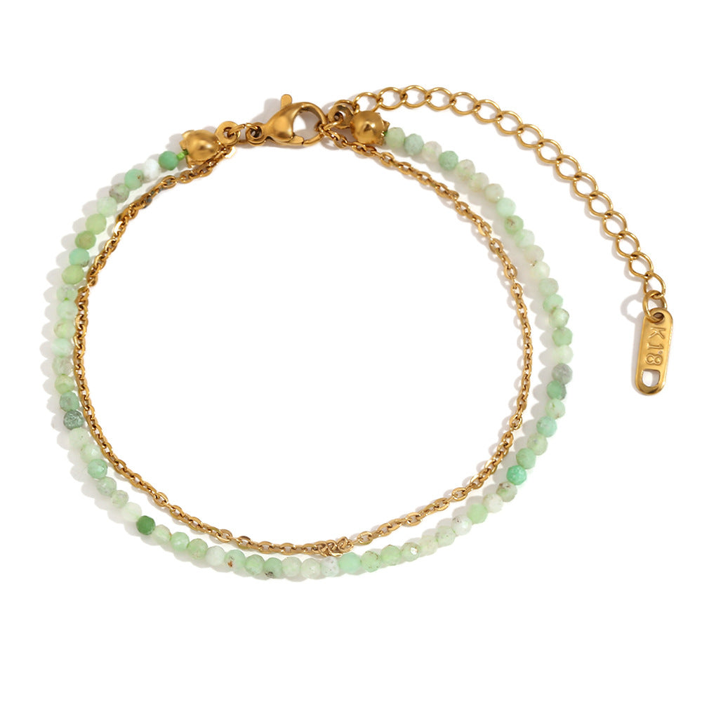 Fashion Geometric Stainless Steel Plated 18K Gold Turquoise Double Layer Anklet for Women