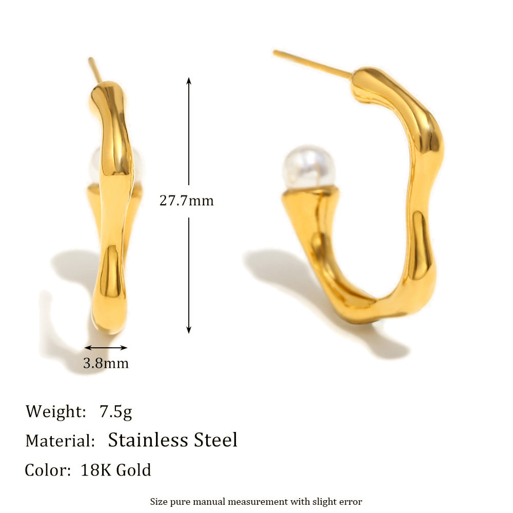Orecchini da donna minimalisti e geometrici a C con perle, in acciaio inossidabile placcato oro 18K