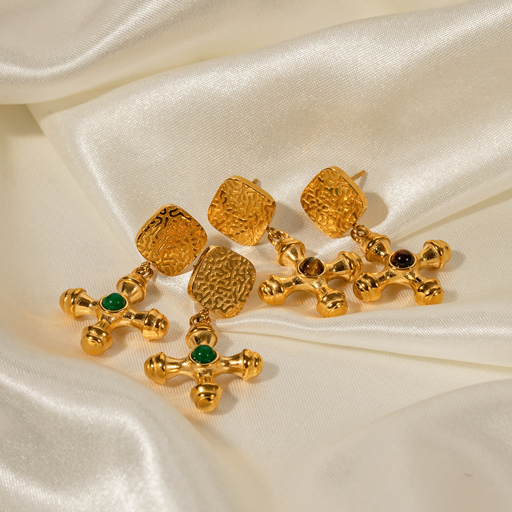 Fashion 18K Gold Plated Stainless Steel Cross Tiger Eye Stone Geometric Earrings for Women