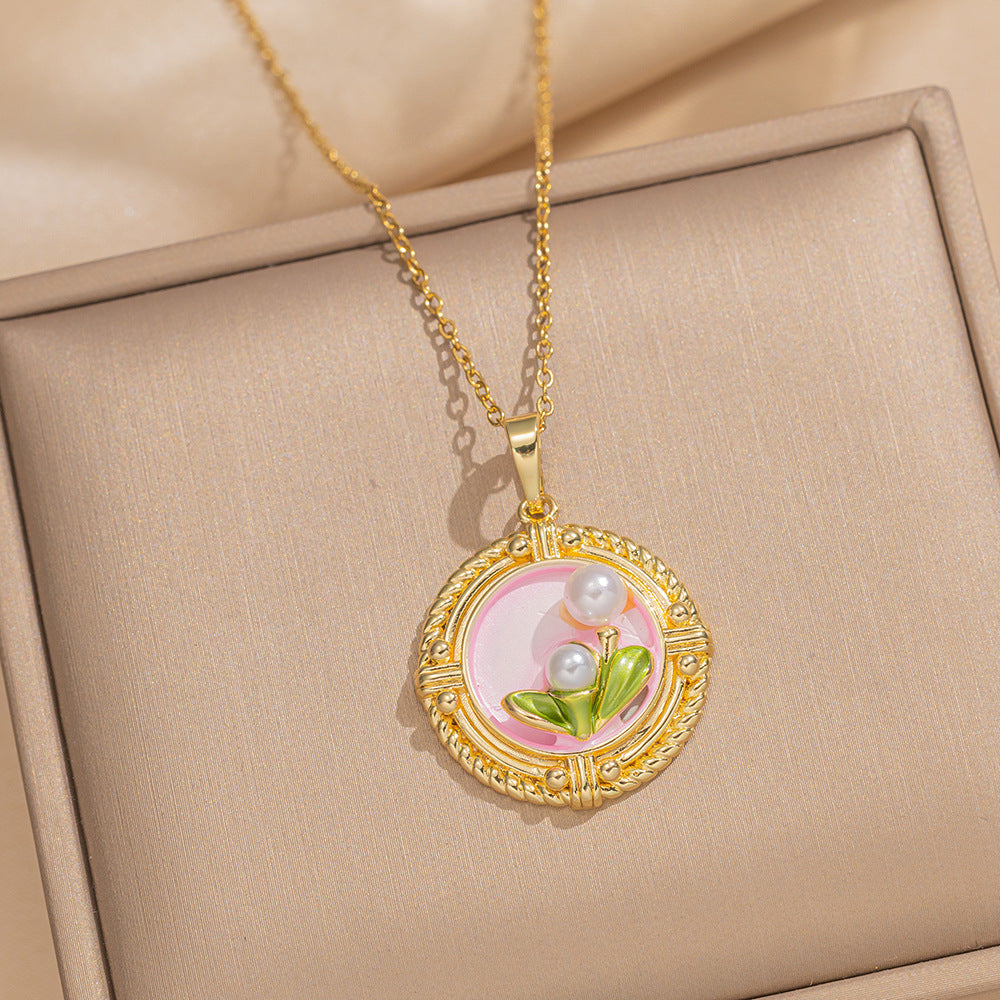 Baroque Style Leaf-Shaped Titanium Steel Necklace with Tulip Floral Motif, Vacuum-Plated for Hypoallergenic Wear, O-Chain Design
