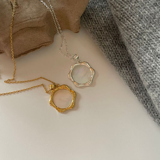 Collana con ciondolo a nodo di bambù naturale per donne in argento sterling 925 con ciondolo a conchiglia minimalista