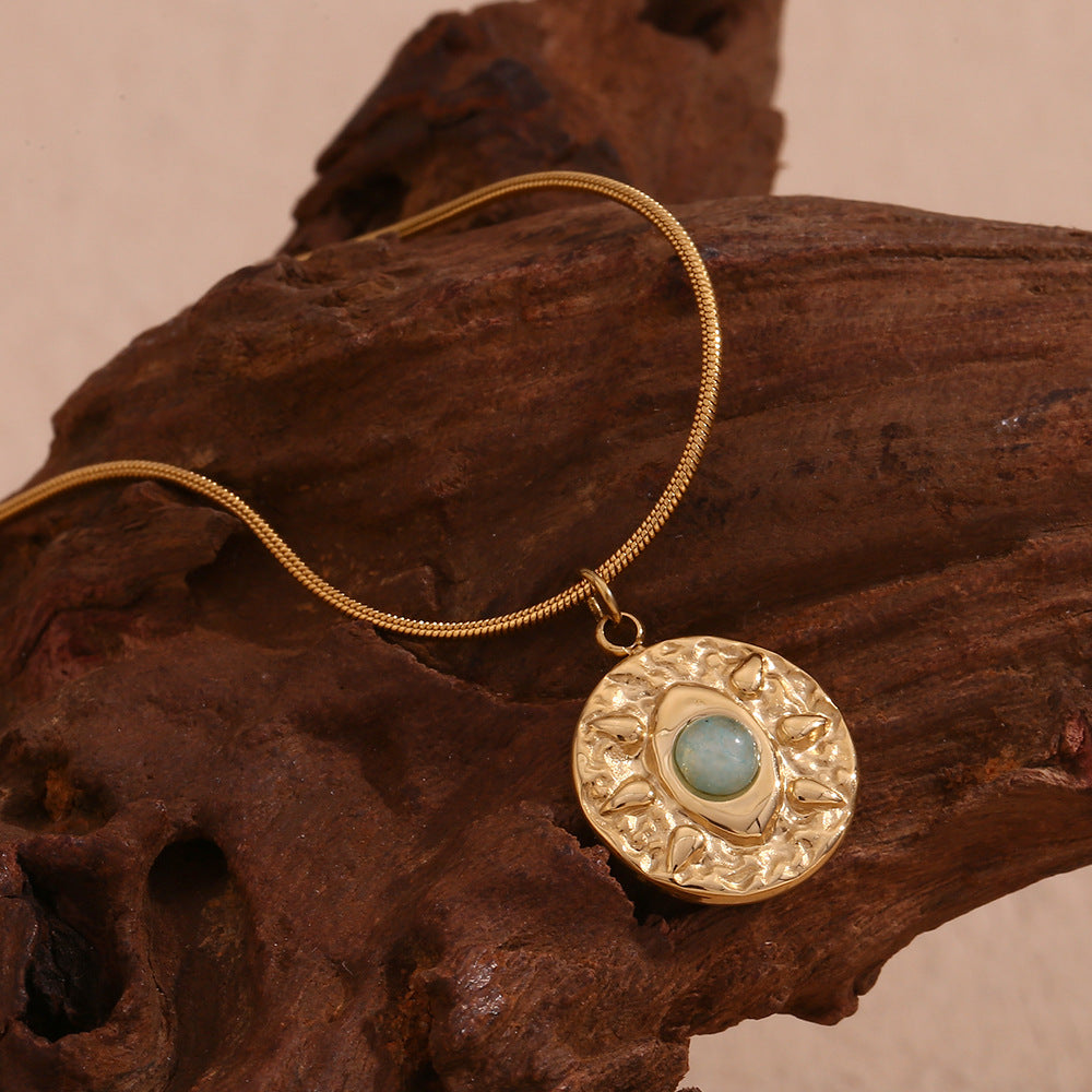 Minimalist Geometric Stainless Steel Plated 18K Gold Snake Chain Pendant with Turquoise Stone and Hammered Texture