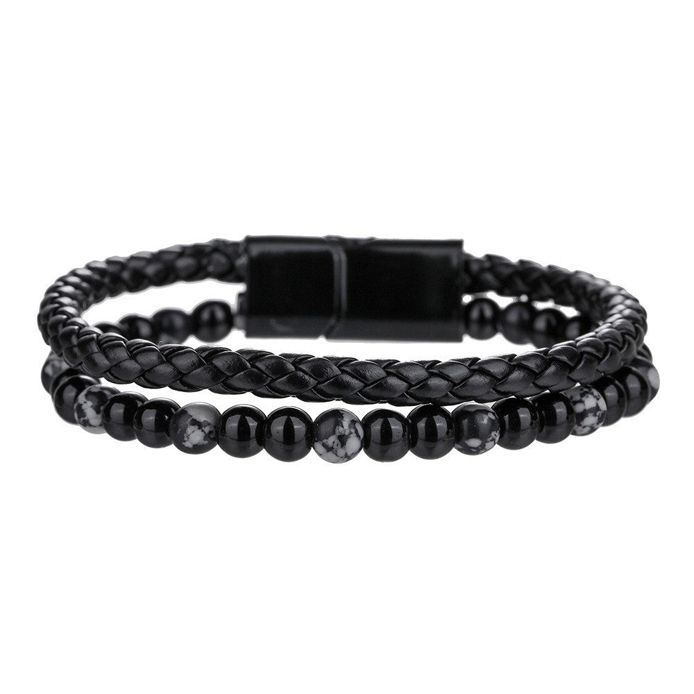 Hip-hop Punk Geometric Round Tiger's Eye Agate Hematite Leather Beaded Bracelet Set for Men