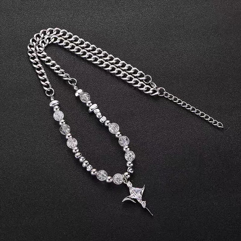 Collar con colgante de cruz minimalista de acero de titanio geométrico con detalle de cuenta agrietada para unisex, acabado pulido