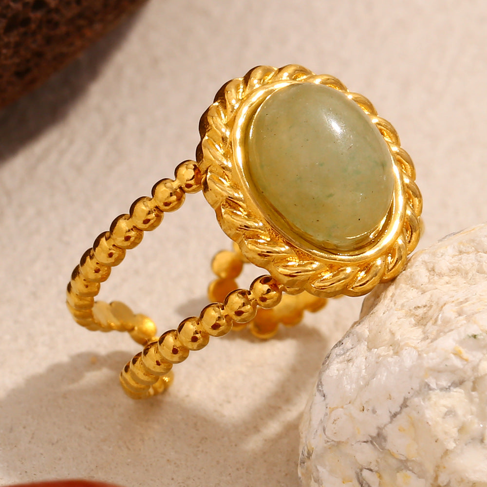 Vintage Style Geometric Stainless Steel Ring with 18K Gold Plating and Green Aventurine Inlay for Women