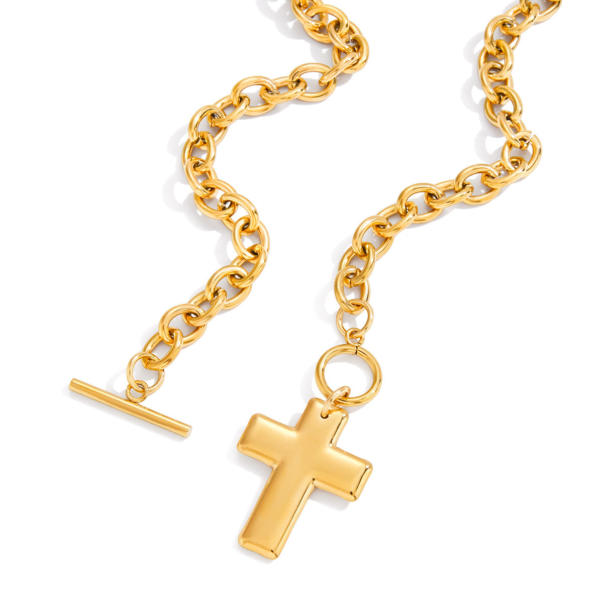 Collar con Colgante de Cruz Minimalista en Acero de Titanio con Acabado Chapado para Mujer, Cadena de Serpiente con Broche de Cierre Ajustable