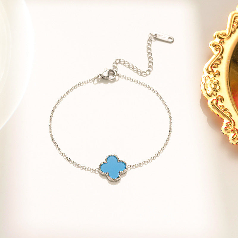 Minimalist Four-Leaf Clover Bracelet in Titanium Steel with Electroplated Finish for Women and Unisex Wear