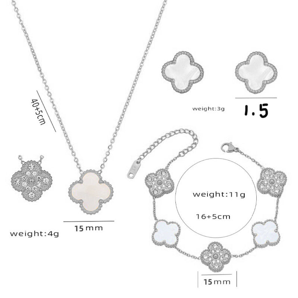 Bracciale Donna Lusso Stile Quadrifoglio in Acciaio al Titanio con Strass e Intarsio in Concha
