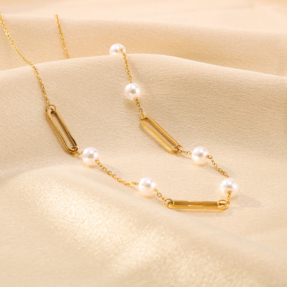 Minimalist Oval Hollow Pearl Necklace in Titanium Steel with 18K Gold Plating on O-Chain for Women
