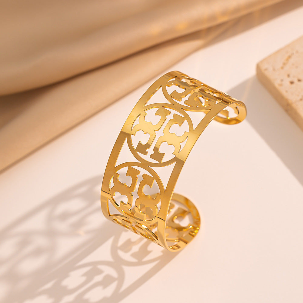Fashionable Hollow-Out Opening Titanium Steel Bracelet with 18K Gold Plating, Polished Finish, Geometric Design for Women